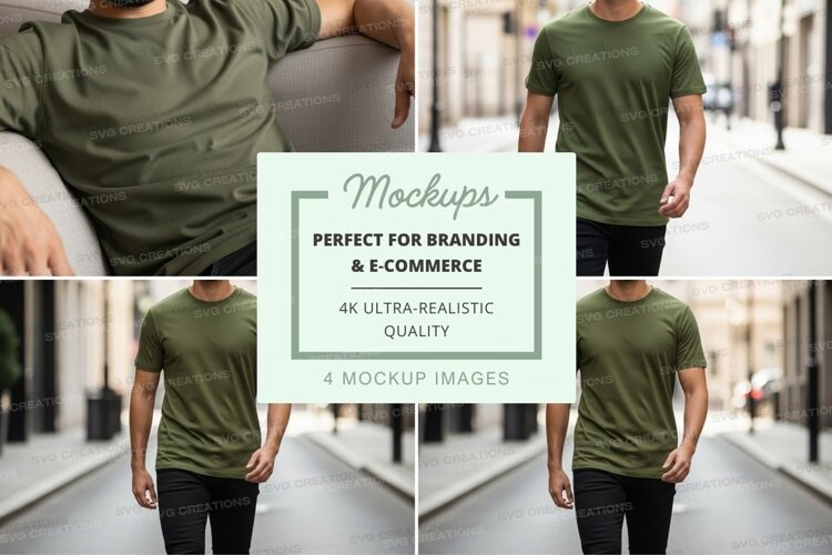 Man in green t-shirt mockup walking urban street example image 1