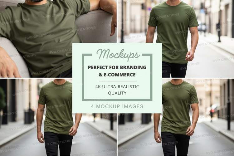 Man in green t-shirt mockup walking urban street