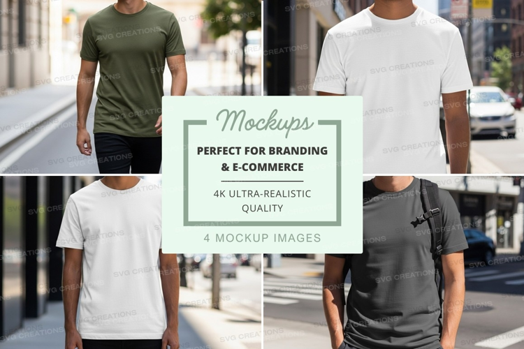 Man casual t-shirt mockup walking urban street lifestyle