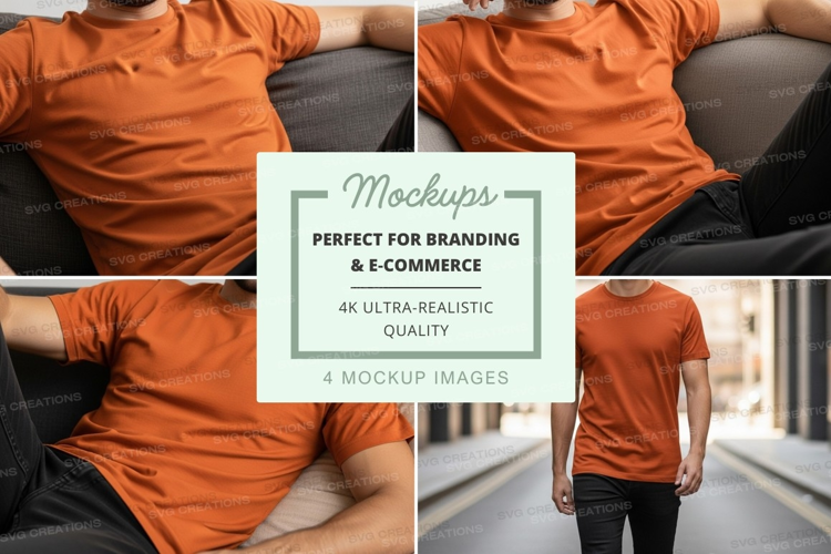 Man wearing orange t-shirt mockup on sofa and walking