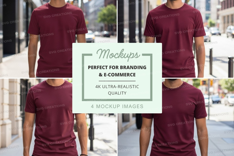 Man in maroon t-shirt mockup walking urban street