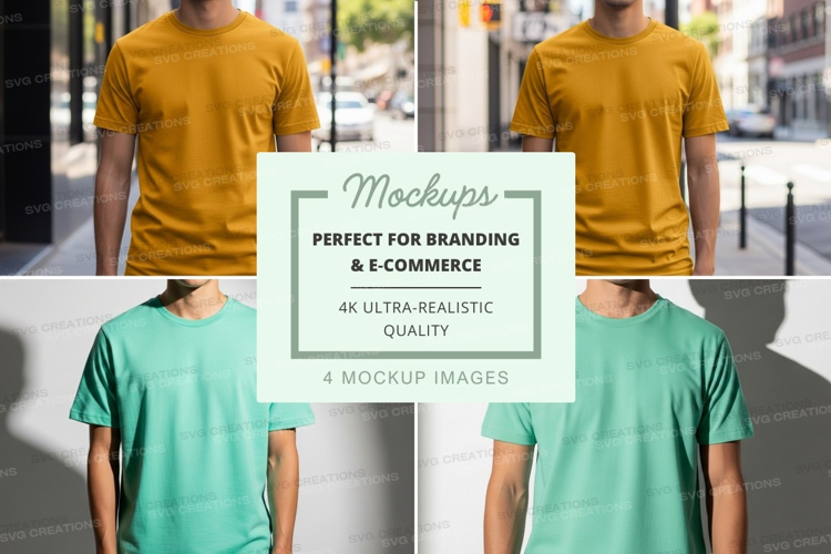 Two men walking in casual t-shirts urban street mockup