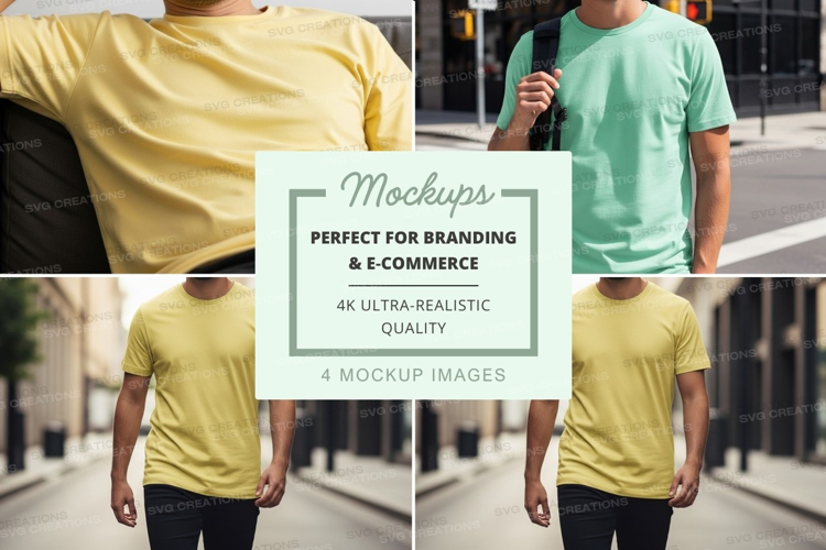Man wearing blank yellow t-shirt mockup walking outdoor city