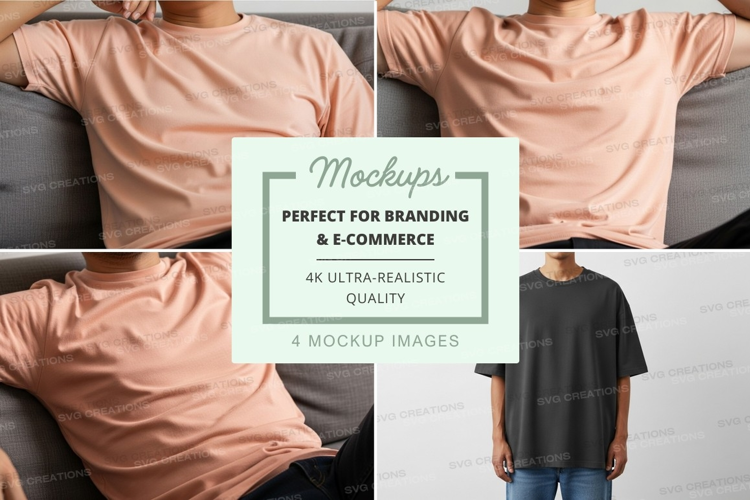 Woman wearing oversized beige t-shirt mockup on couch