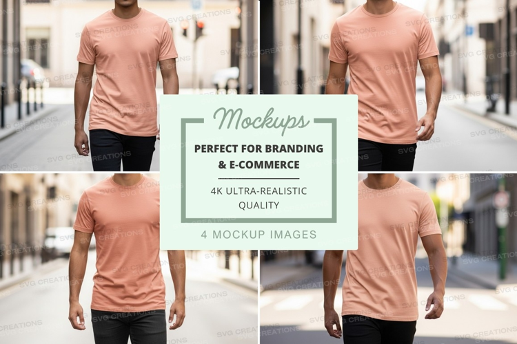 Man walking city street mockup rear view t-shirt