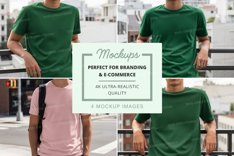 Man in green t-shirt mockup urban outdoor lifestyle