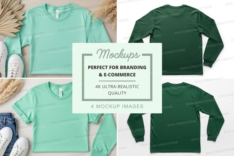 Mint green and dark green long sleeve shirt mockup on wooden example image 1