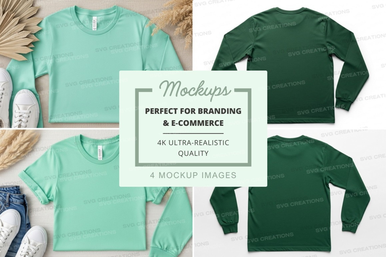 Mint green and dark green long sleeve shirt mockup on wooden
