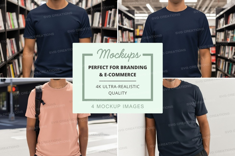 Man t-shirt mockup library bookshelf lifestyle minimalist