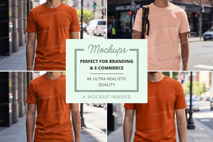 Blank orange t-shirt mockup walking urban street lifestyle