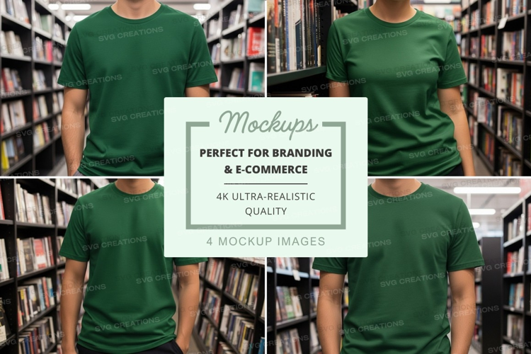 Green t-shirt mockup in modern bookstore display