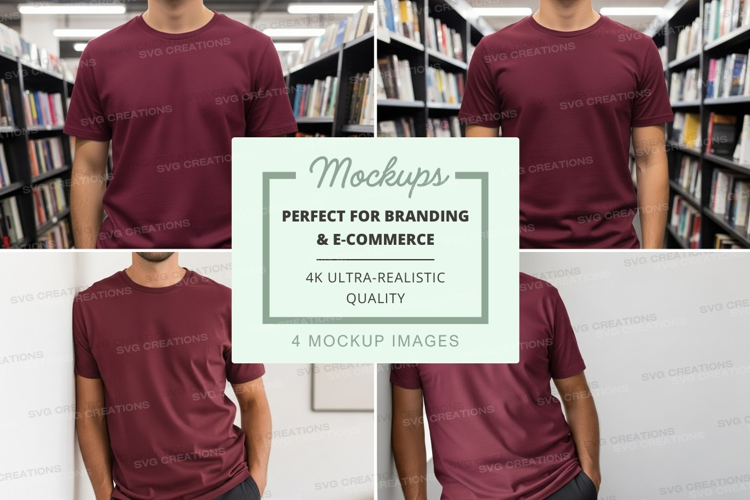 Man t-shirt mockup library bookshelf background