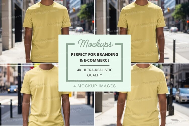 Yellow t-shirt mockup front back view urban street example image 1
