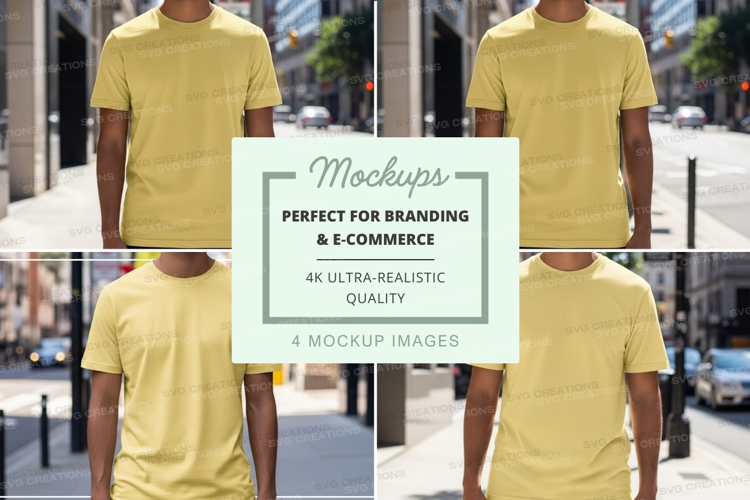 Yellow t-shirt mockup front back view urban street