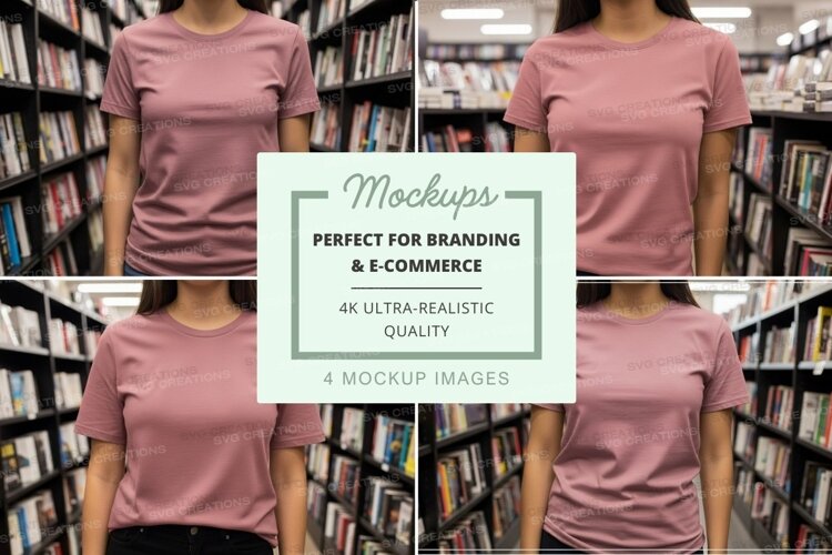 Blank pink t-shirt mockup in bookstore display example image 1
