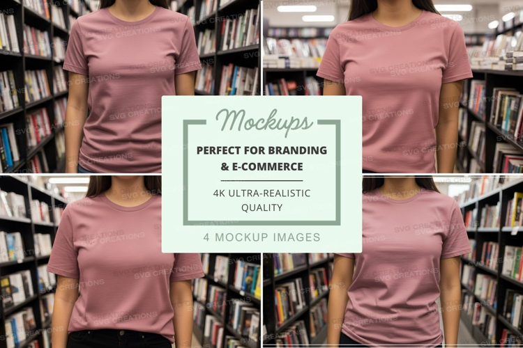Blank pink t-shirt mockup in bookstore display