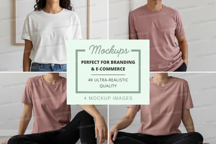 Woman casual t-shirt mockup white brick wall lifestyle