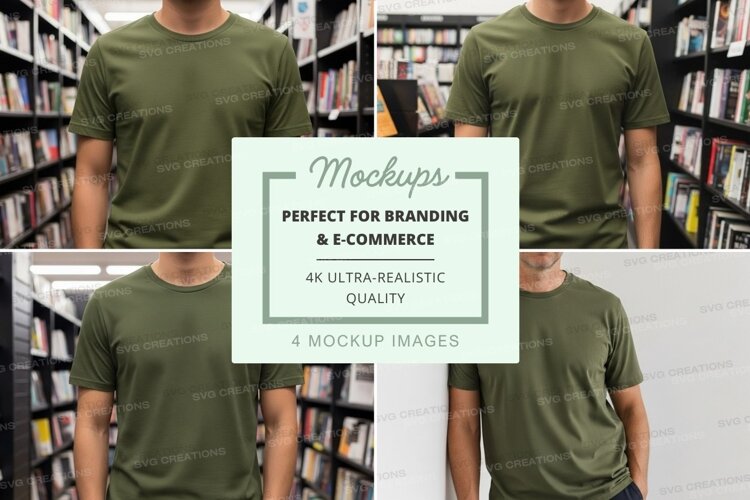Green t-shirt mockup in modern bookstore display example image 1