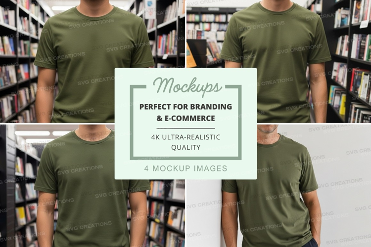 Green t-shirt mockup in modern bookstore display