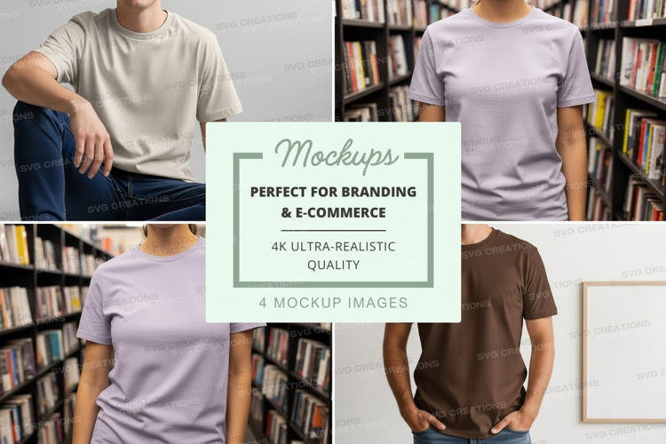 Blank t-shirt mockup on man in library minimalist display