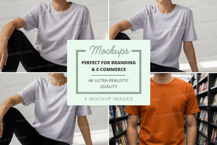 Man in t-shirt mockup library bookshelf lifestyle