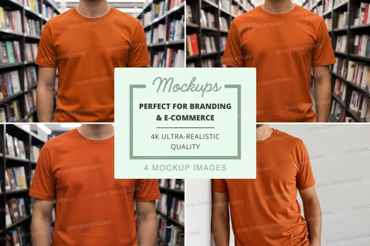 Orange t-shirt mockup on bookshelf display