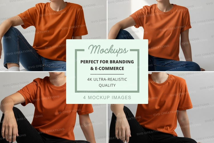 Man in orange shirt mockup sitting cross legged studio