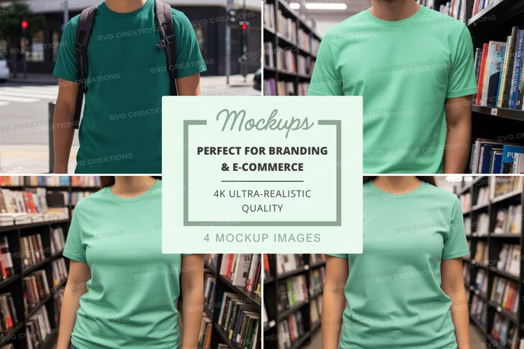 Casual team mockup in library with books and green shirts