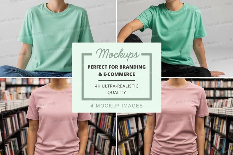 Woman reading book mockup on library shelves in soft light example image 1