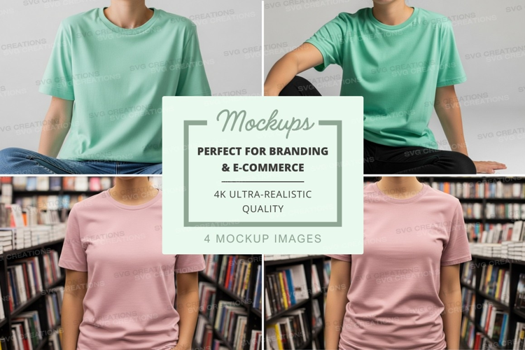 Woman reading book mockup on library shelves in soft light
