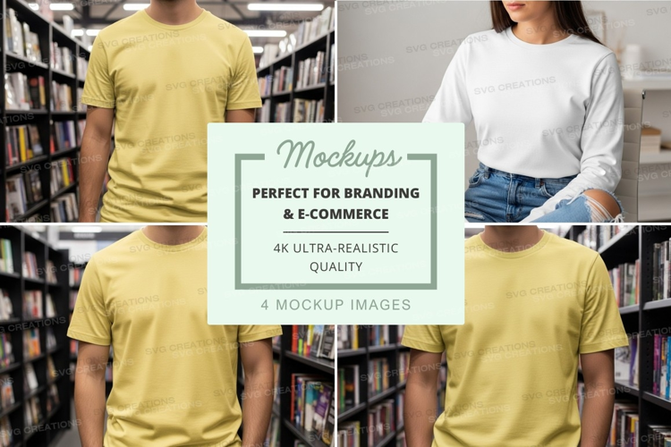 Casual team mockup browsing books in modern library