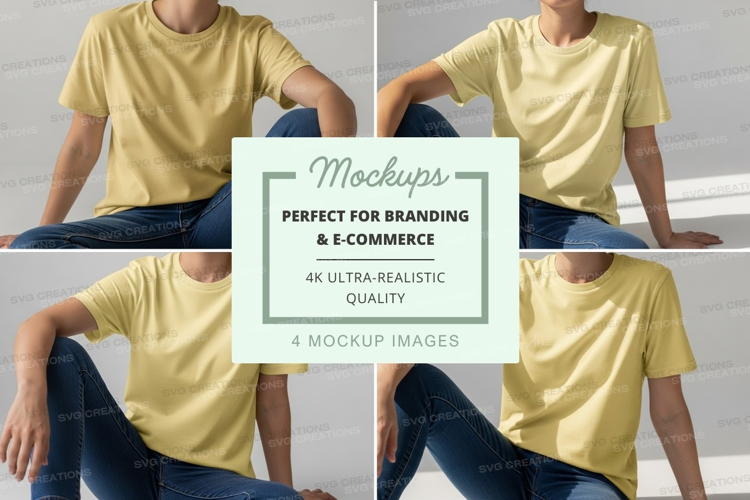 Young man sitting mockup casual pose yellow t-shirt