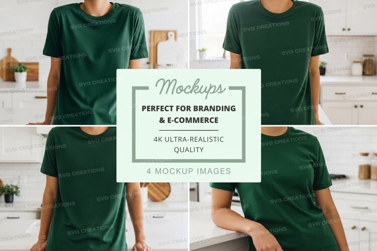 Green t-shirt mockup on man in modern kitchen example image 1