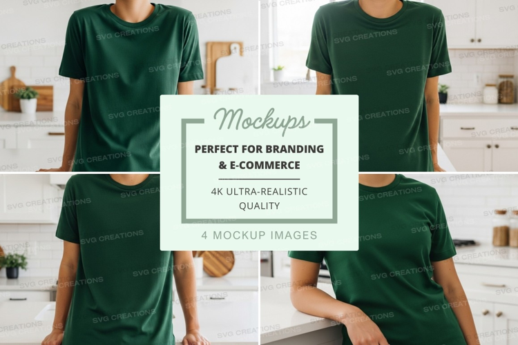 Green t-shirt mockup on man in modern kitchen