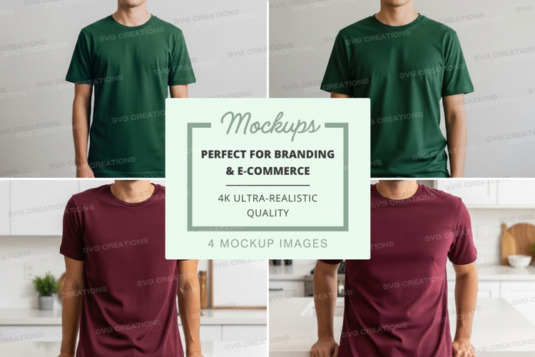 Man t-shirt mockup green burgundy indoor studio