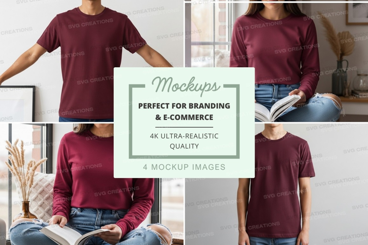 Woman in maroon top mockup casual lifestyle indoor