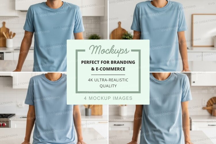 Man in blue t-shirt mockup kitchen lifestyle minimalist example image 1