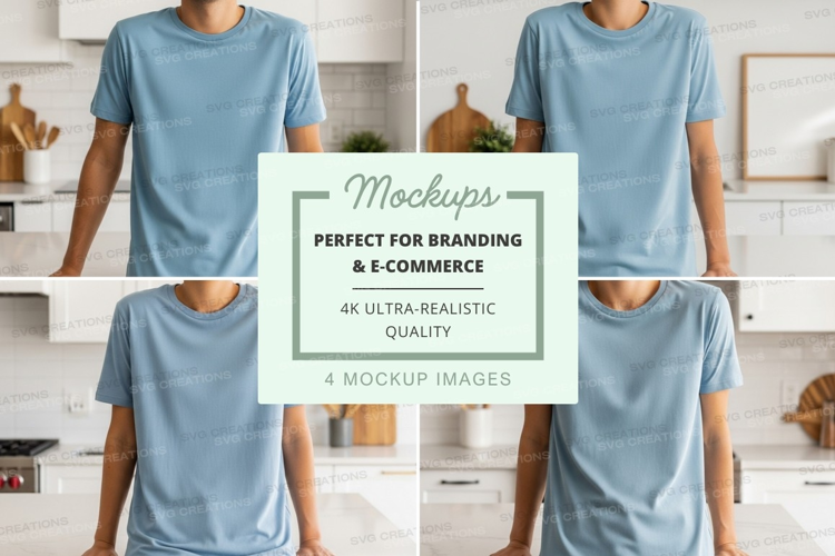 Man in blue t-shirt mockup kitchen lifestyle minimalist