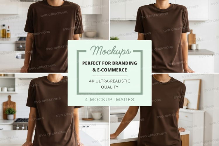 Blank brown t-shirt mockup in modern kitchen