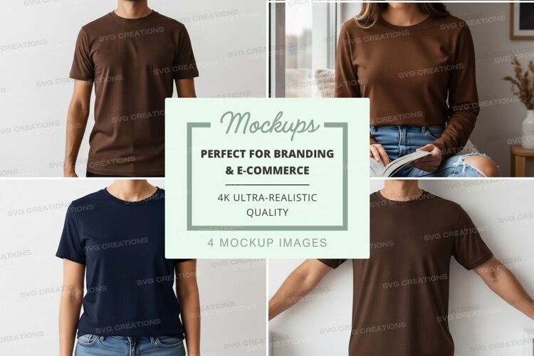 Woman wearing brown t-shirt mockup on bed at home example image 1