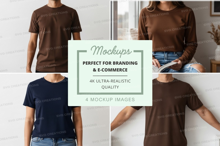 Woman wearing brown t-shirt mockup on bed at home