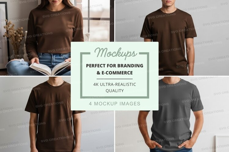 Brown t-shirt mockup on mannequin and woman readingmockup, t example image 1
