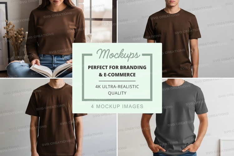 Brown t-shirt mockup on mannequin and woman readingmockup, t
