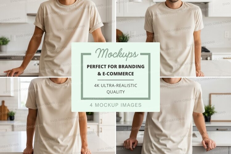 Blank beige t-shirt mockup on man in kitchen minimalist life example image 1