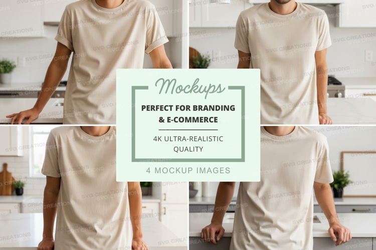 Blank beige t-shirt mockup on man in kitchen minimalist life