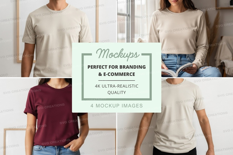 Casual t-shirt mockup on diverse models indoors