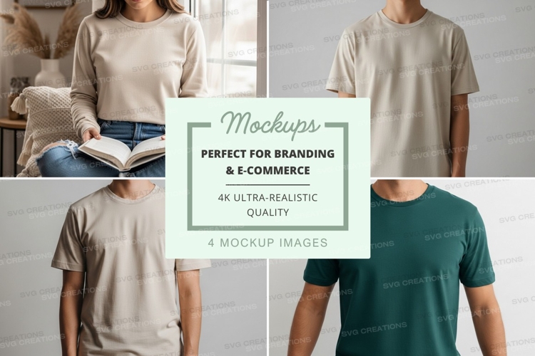 Woman reading book mockup on beige t-shirt template