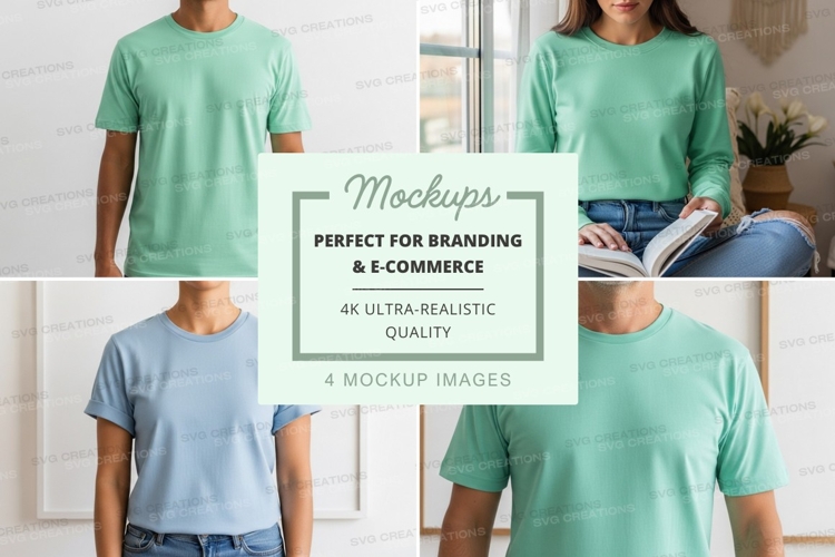 Green t-shirt mockup on person reading book at home