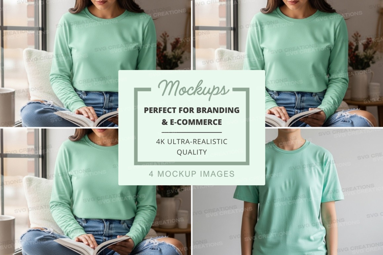 Woman and man in green mockup t-shirt design studio