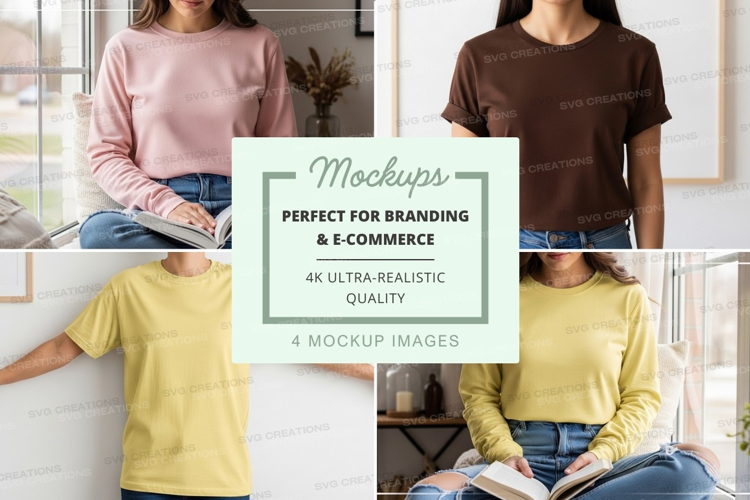 Woman wearing casual tshirt mockup on couch at home